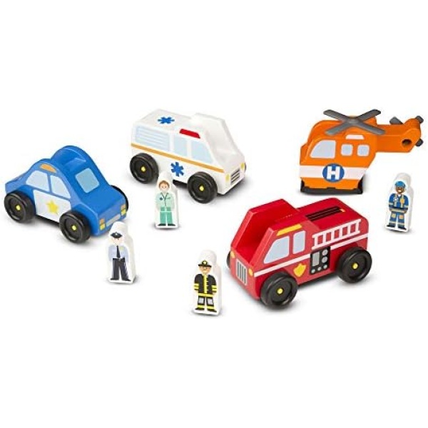 Melissa & Doug Emergency Vehicle Wooden Play Set with 4 Vehicles, 4 Play Figures