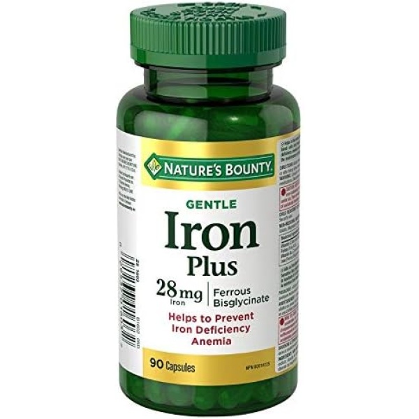 Nature's Bounty Gentle Iron Supplement, Helps Prevent Iron Deficiency Anemia, 28mg, 90 Capsules, Multi-colored