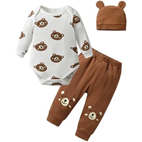 Newborn Baby Boy Clothes Printed Romper Tops+Pants+Hat 3 Set Outfits Clothing Sets