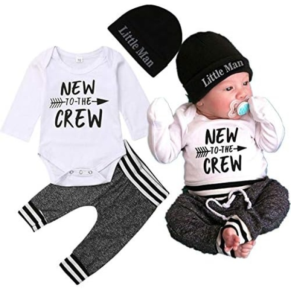 Newborn Baby Boy Clothes Set New to The Crew Romper+Pants+Hat Baby Boys Outfit Set