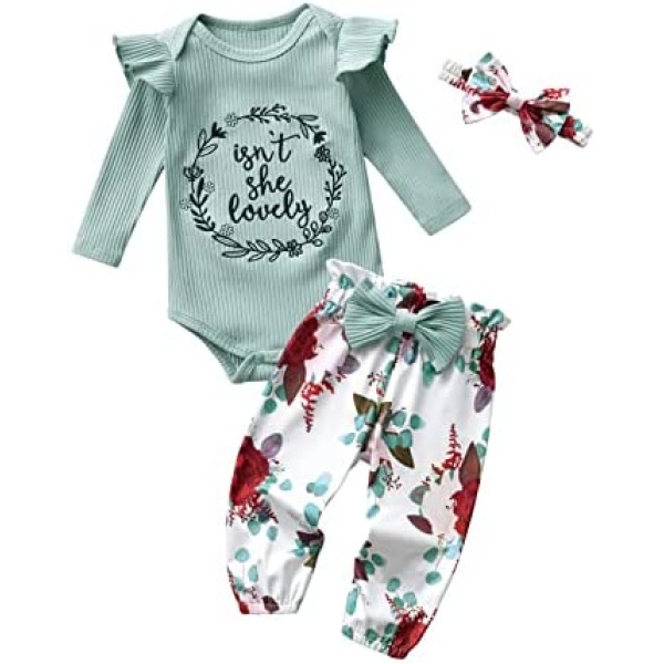 Newborn Baby Girl Outfits Clothes Preemie Infant Long Sleeve Romper Ruffle Floral Bow Pants Headband 3pcs Set