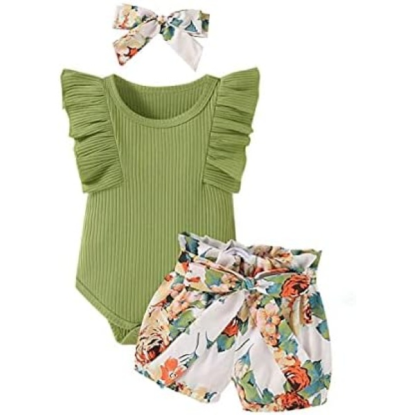 Newborn Infant Baby Girl Clothes Romper + Floral Short Pants Cute Baby Girls’ Summer Outfit Set 3pcs（0-24 Months）