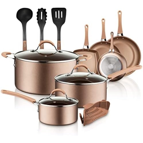 NutriChef 14-Piece Nonstick Cookware PTFE/PFOA/PFOS-Free Heat Resistant Lacquer Kitchen Ware Set W/Saucepan, Frying Pans, Cooking, Dutch Oven Pot, Lids, Utensil NCCW14S, AGold