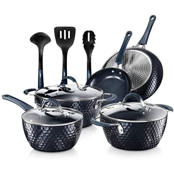 Nutrichef Nonstick Cookware Excilon Home Kitchen Ware Pots & Pan Set with Saucepan Frying Pans, Cooking Pots, Lids, Utensil PTFE/PFOA/PFOS Free, 11 Pc, Blue Diamond