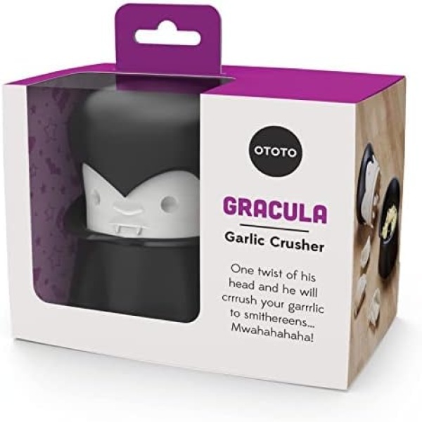 OTOTO Gracula - Garlic Crusher, Mincer & Peeler - Twist Top & Easy Squeeze Manual Garlic Press - BPA Free, Easy Clean & Dishwasher Safe - Spooky Decor