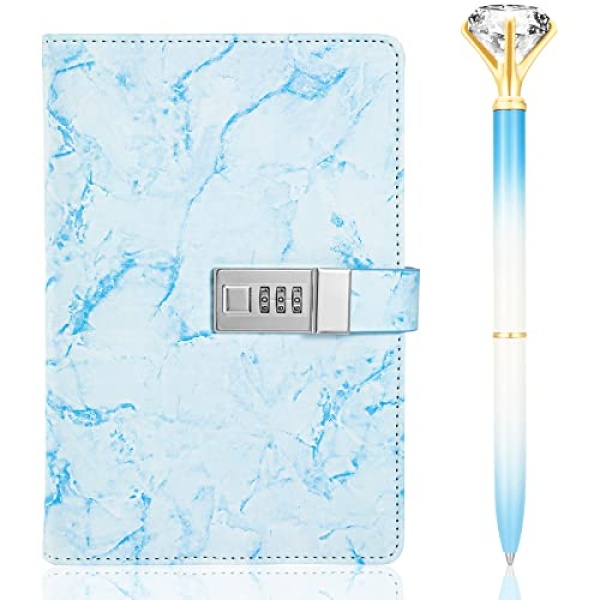 PU Leather Password Lock Journal with Diamond Pen A5 Size Daily Notebook with Lock Combination Lock Diary Digital Password Notebook Locking Journal Diary for Teen Girls Women Boys Men