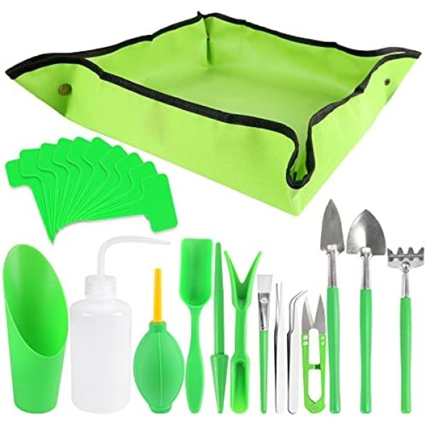 Pack of 24 Succulent Tool Set, Mini Garden Tools Set Succulent Hand Tools Garden Flower Plants Transplanting Supplies with Plant Potting Tarp Mat for Indoor Outdoor Miniature Fairy Garden Plant Care