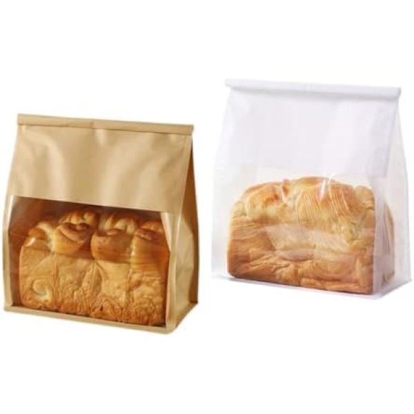 Pack of 50 Paper Bread Loaf Bag Kraft Food Packaging Storage Bakery Bag with Front Window, Tin Tie Tab Lock Kraft Paper Bags (11'' X 8.7'' X 4.3'') (Kraft + White)