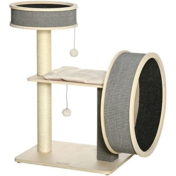 PawHut 35.8" Cat Tree Kitty Activity Center Cat Climbing Toy Pet Furniture with Running Wheel Cat Bed Cushions Sisal Scratching Post Hanging Ball Natural