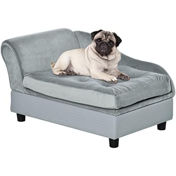 PawHut Pet Sofa Dog Couch Chaise Lounge Pet Bed with Storage Function Small Sized Dog Various Cat Sponge Cushioned Bed Lounge, Light Grey