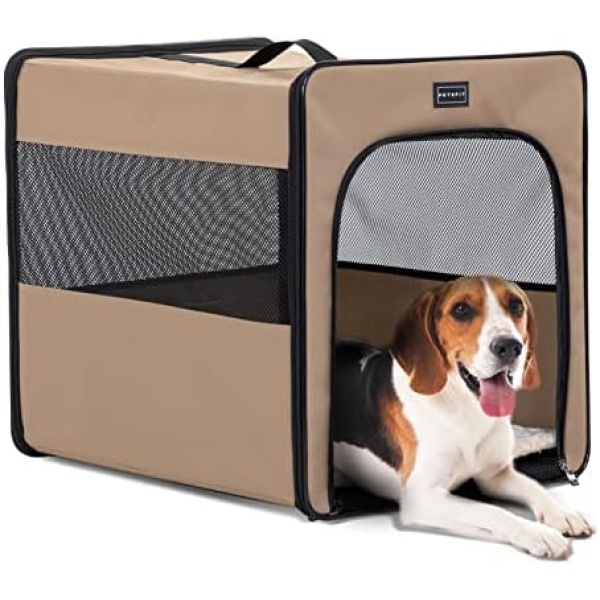 Petsfit Collapsible Dog Crate, Upgrade Zipper and Strengthen The Seam, to Prevent from Escaping, Dog Crate 24 Inch Khaki