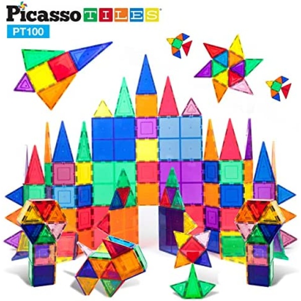 PicassoTiles 100 Piece Set 100pcs Magnet Building Tiles Clear Magnetic 3D Building Blocks Construction Playboards, Creativity beyond Imagination, Inspirational, Recreational, Educational Conventional