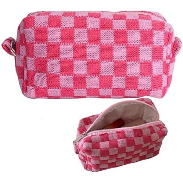 Plaid Makeup Bag Checkered Cosmetic Bag Small Makeup Pouch Portable Travel Cosmetic Bag Make up Brush Storage Bag with Zipper for Women Girls (Pink)