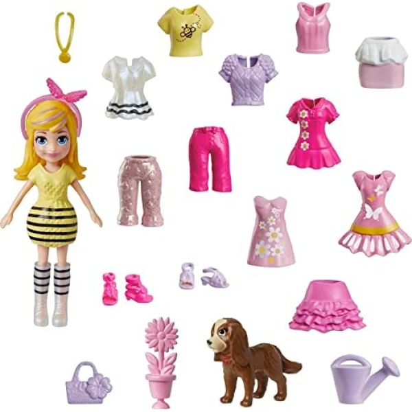 Polly Pocket Doll & 18 Accessories, 3-inch Polly Doll Fashion Pack with Puppy & Flower-Theme, Plus Pearlescent & Glittery Details, Travel Toys