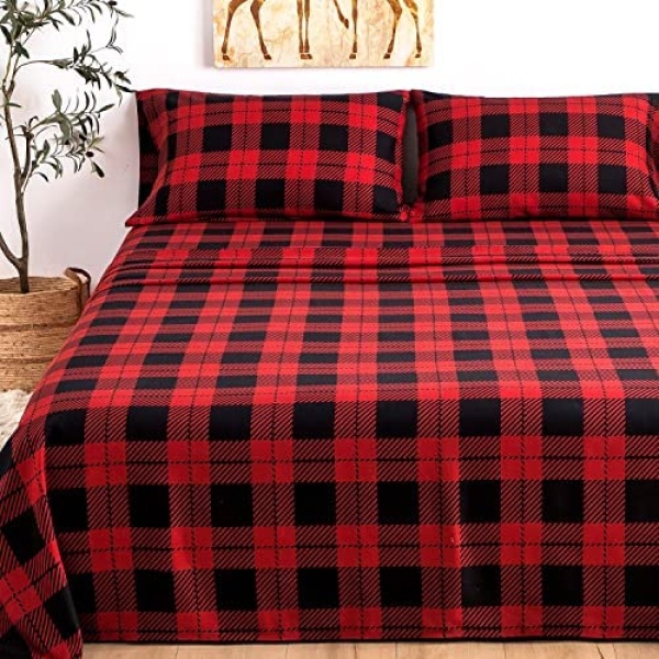 Queen Size Bed Sheets Set 4PC - Red Black Plaid Sheet Soft Warm 1800 Thread Count Brushed, 8-17'' Deep Pocket Winter Warm Bedsheets, Machine Washable Patterned Double Bedding Set