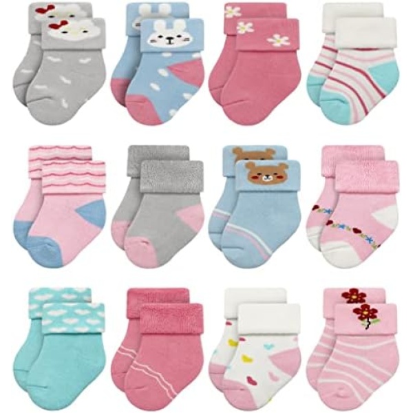 RATIVE Newborn 0-3 Months and Infant 3-12 Months Thick Terry Turn Cuff Socks for Baby Boys Girls