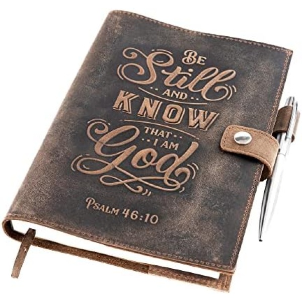 Refillable Leather Journal Lined Notebook - Journals for Women w/Psalm 46v10 Embossed Bible Verse - Vintage Handmade Leather Notebook with 320 Pages Milled A5 Ruled Paper & Luxury Pen by MOONSTER®