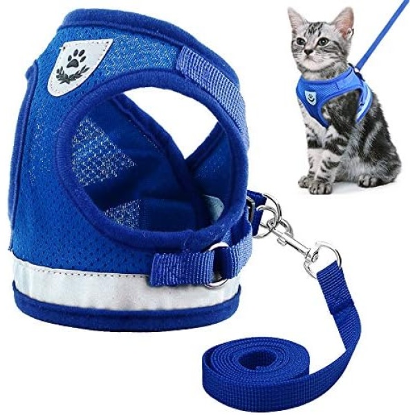 Reflective Cat Harness and Leash Set Escape Proof Kitten Puppy Dogs Vest Harness Leads Mesh Pet Clothes for Small Dogs Chihuahua Yorkies Pug (L, Blue)