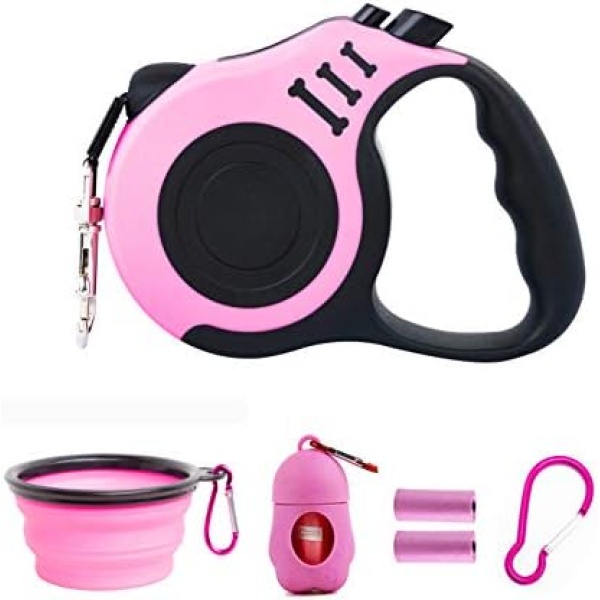 Retractable Dog Leash Lightweight 16FT Leash with Folding Bowl Dispenser for Small Medium Dogs (Pink)