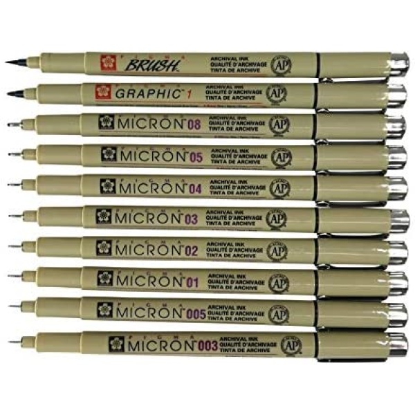 Sakura Pigma Micron 10 Fineliner pens Black Archival ink Artist drawing sketch pens (003, 005, 01, 02, 03, 04, 05, 08), Graphic 1 & brush pen set