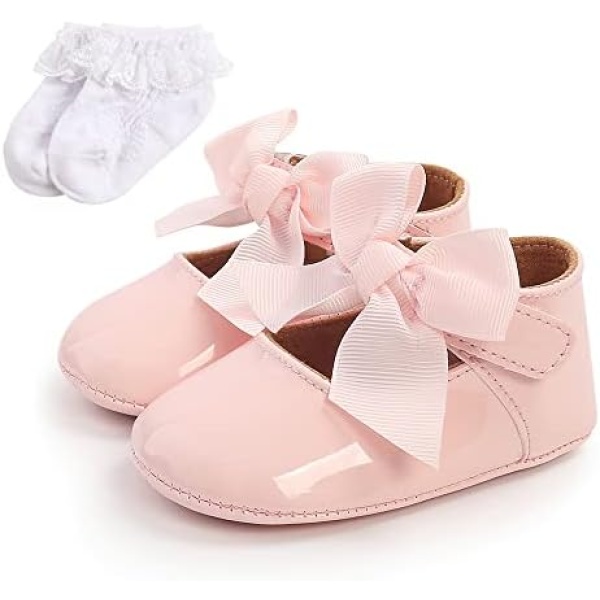 Sehfupoye Baby Girls Mary Jane Shoes Baby Girls Princess Bow-Knot Shoes Anti-Slip Baby First Walking Shoes Wedding Dress Shoes with Sock 0-18M