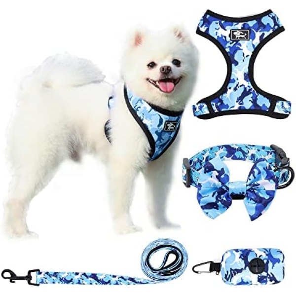 Senlunek Dog Harness Suit, Includes Dog Harness, Leash, Bow Tie Collar, Poop Bag 4Pcs Set, Reflective No Pull Walking Dog Vest, Easy Control for Outdoor Walking for Small Medium Dog (S, Blue)