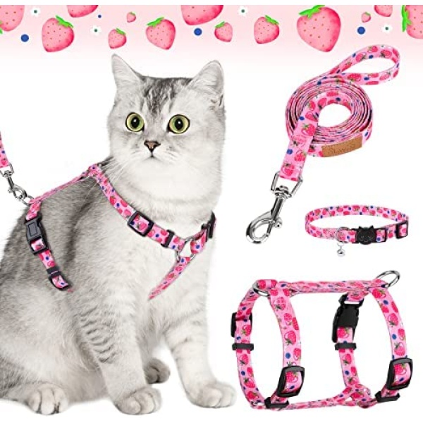 SlowTon Cat Harness and Leash Set with Collar for Walking, Escape Proof Cute Strawberry Pattern Kitty Vest Harness, Adjustable Lightweight for Medium Small Pet Dog Cats Outdoor (Pink)