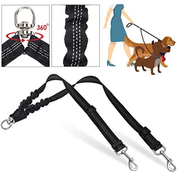 SlowTon Double Dog Leash, No Tangle Double Leash for 2 Dogs Walking Training 360°Swivel Rotation Reflective Adjustable Length Dual Two Dog Lead Splitter, Shock Absorbing Bungee Lead 2 Dog(Black)