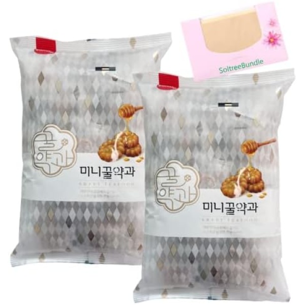 SoltreeBundle 2 packs Korean Traditional Sweet Mini honey Yak Gwa Cookies Tea Food Snacks Individually Wrapped Dessert yakgwa (200g x 2), Total 400g with SoltreeBundle Oil Blotting Papers