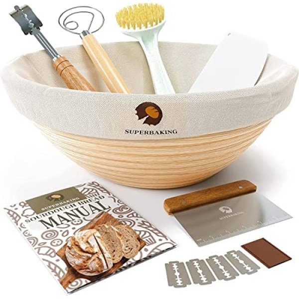 Superbaking Banneton Bread Proofing Basket Set, Round 9" Sourdough Proofing Basket for Bread Making Tools Supplies, Banneton Basket Sourdough Bread Baking Supplies, Artisan Bread Kit, Gifts for Bakers