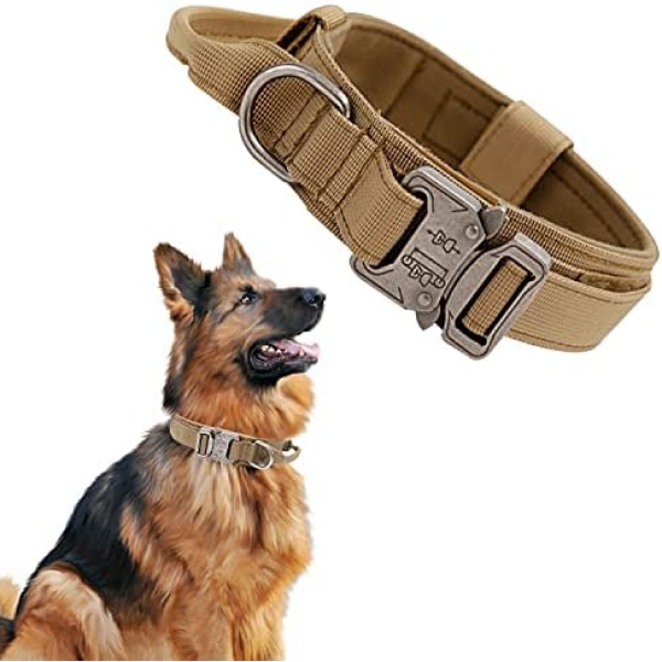 Tactical Dog Collar Adjustable Military Nylon Heavy Duty Metal Buckle with Handle for Training K9 (Khaki, L)