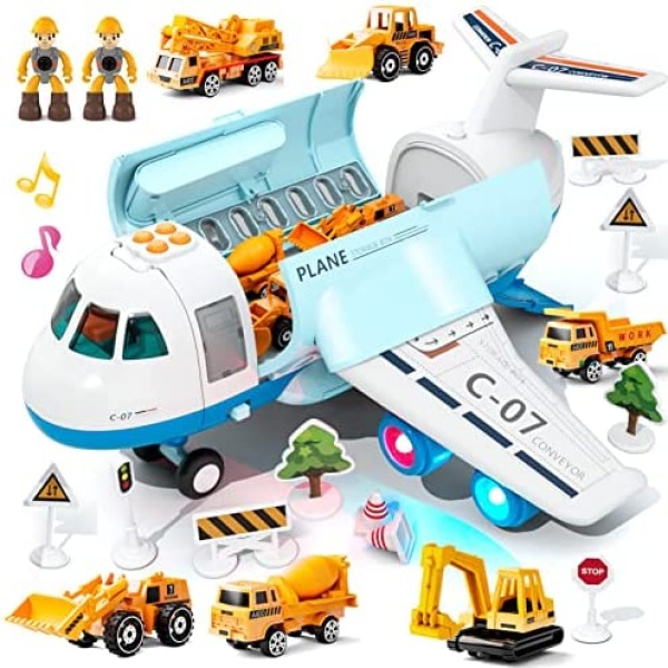 Transport Cargo Airplane, Large Theme Airplane Toy Set,Educational Toy Vehicle Play Set with Smoke, Sound and Light, Fricton Powered Airplane with Mini Cars, Birthday Gift for Boys and Girls