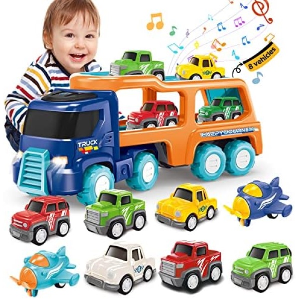 Transport Truck Toy Toddler Car Carrier for Boys Girls, 9 in 1 Baby Construction Toy Vehicles with Music and Light, for 2 3 4 5 Year Old Kids