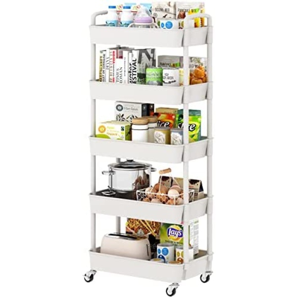 UDEAR 5-Tier Kitchen Rolling Utility Cart,Multifunction Storage Organizer with Handle and 2 Lockable Wheels for Kitchen,Bathroom,Living Room,Office,White