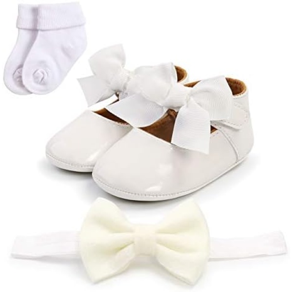 URMAGIC Baby Girls 3Pcs Mary Jane Shoes Cute Bowknot Princess Shoes Non-Slip Soft Sole First Walking Shoes Moccasins Crib Shoes+Cotton Socks+Headbands Gifts