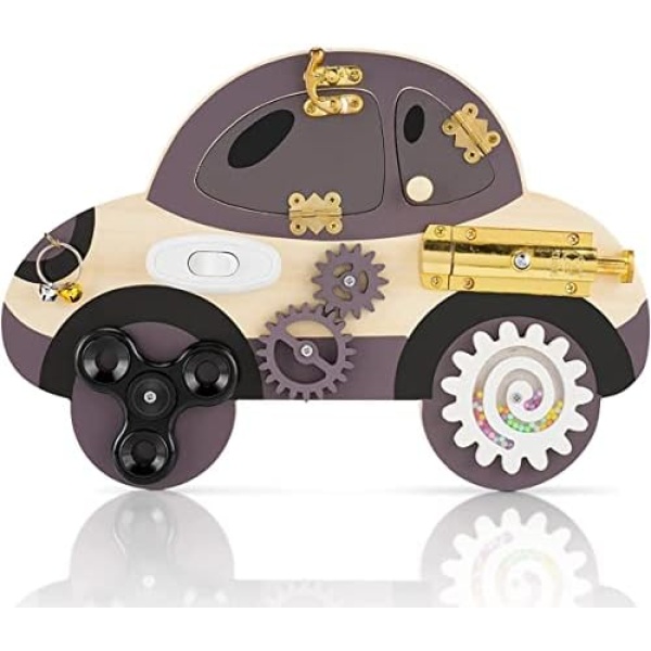 Umtiti Wooden Toddler Busy Car，Handmade Baby Sensory Activity Boards with Lock, Door，Gear，Bell，swith，Ball Bearing- Travel Car Plane Montessori Toys (Car)