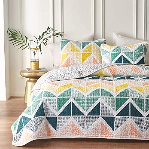 Uozzi Bedding 3 Piece Reversible Colorful Quilt Set Queen Size with Navy Green Orange Yellow Cubes Microfiber Lightweight Floral Coverlet Bedspread for All Season