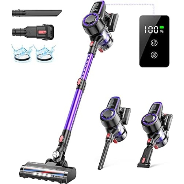 WLUPEL Cordless Vacuum Cleaner, 30Kpa Stick Vacuum with Large LED Display, Powerful Handheld Vacuum Cleaner for Hardwood Floor Carpet Pet Hair(Hero8 Purple)