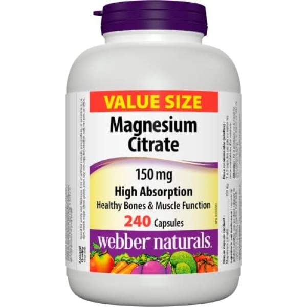 Webber Naturals Magnesium Citrate 150 mg, 240 Capsules, High Absorption Mineral, Supports Bone and Muscle Functions, Gluten Free, Non-GMO