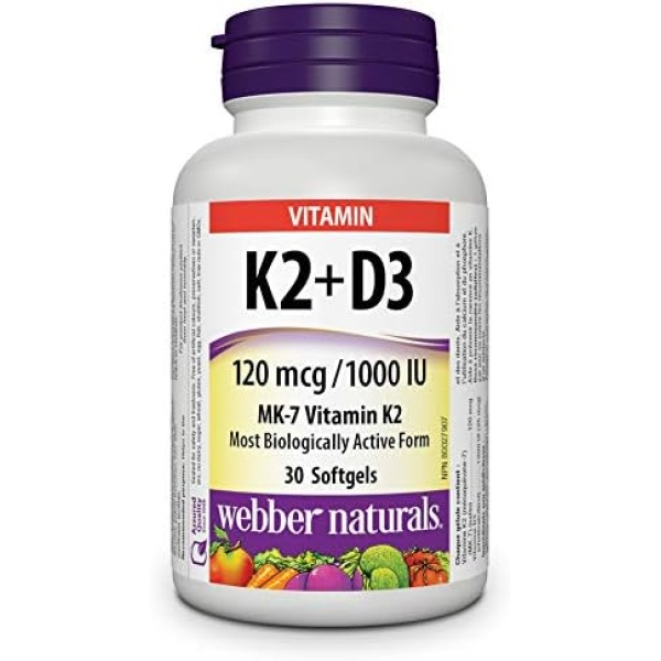 Webber Naturals Vitamin K2 and D3, Softgel, 120 mcg , 1,000 IU, 30 Count