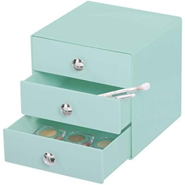 iDesign 3-Drawer Plastic Vanity Organizer, Compact Storage Organization Set for Dental Supplies, Hair Care, Bathroom, Office, Dorm, Desk, Countertop, Office, 6.5" x 6.5" x 6.5", Mint Green