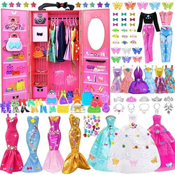 108pc Doll Dream Closet Wardrobe Doll Clothes and Accessories for 11.5 inch Doll Fashion Design Kit Girl Doll Dress Up Including Wedding Dress Outfits Shoes Hangers Bags Necklaces Stickers