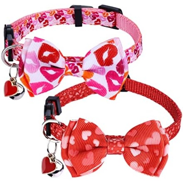 2pcs Valentine's Day Cat Collar, Red and Pink Cat Collar Breakaway Buckle with Bells Bow Tie, Love Heart Safety Adjustable Cat Collar for Kitten Puppy