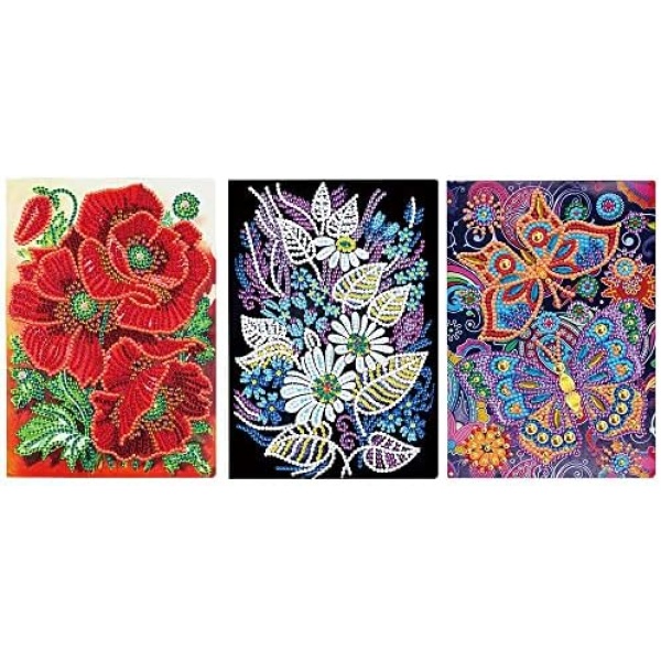 3Pack 5D Diamond Painting Notebook Poppy Flower Butterflies Leather Cover Journal Special Shaped DIY Crystal Diamond Kits A5 Writing Dairy Plain Sketchbook for Office Business and Study 21x15CM