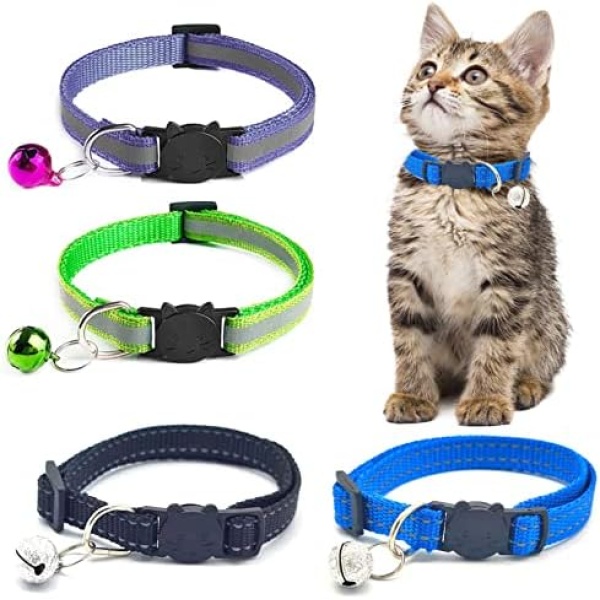 4 Pack Breakaway Cat Collar with Bell, Reflective Cat Collar Adjustable Cat Collar Quick Release Pet Collars Kitten Necklace Safe Nylon Strap Buckle Collar for Kitty Cats Small Dogs