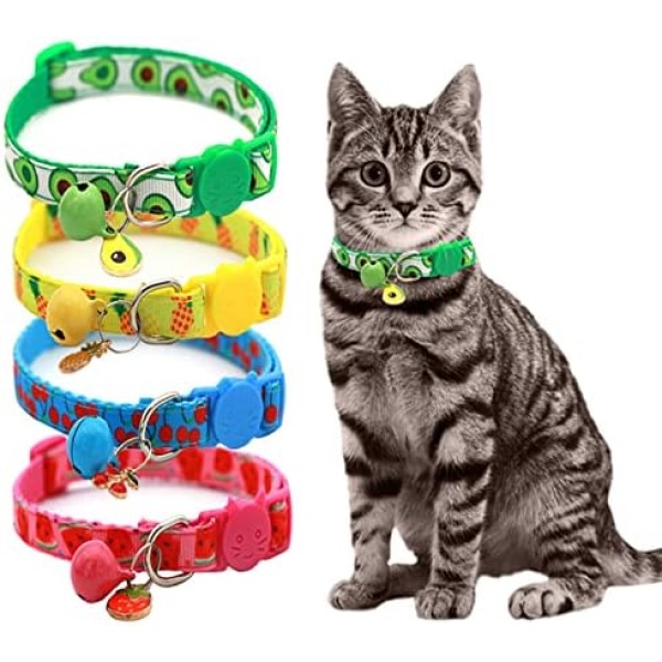 4 Pack Breakaway Cat Collars, Cat Collar with Safety Buckle and Bell, Adjustable Fruit Print Collar Fit All Cute Cats & Puppy(Pineapple, Cherry, Lemon, Avocado)