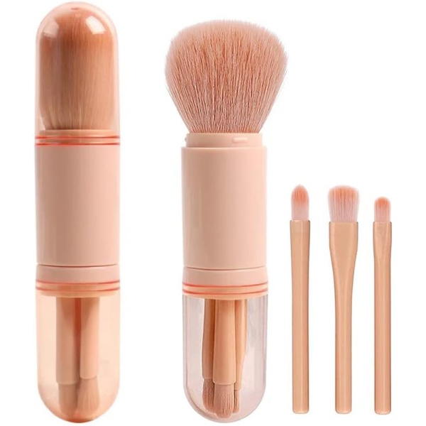 4 in 1 Makeup Brush Set, Mwoot Portable Travel Lip Brush, Foundation Blending Powder Brush, Nail Art Dust Brush, Retractable Mini Facial Cosmetic Makeup Tools (Pink)