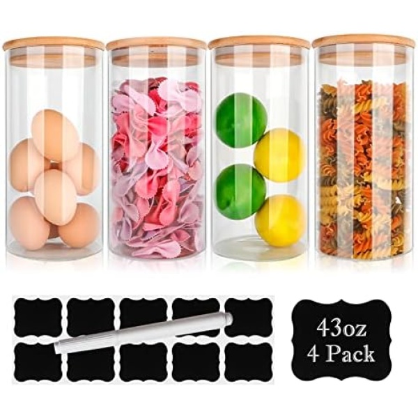 43oz-4pcs Borosilicate Glass Jars with Bamboo Lids, Glass Food Storage Containers with Airtight Lid, 1300ml Glass Terrarium, Pantry Organization and Storage Jars, Kitchen Canisters Sets, Spice Jars