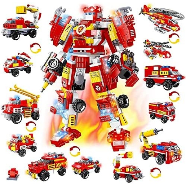 591PCS STEM Building Toys for Kids,13 in 1 City Fire Trucks Toys Building Blocks Set Age 6 7 8 9 10 11 12＋Year Old,Police Fire Rescue Robot Building Kit,Educational Toys Gifts for Boys Girls Toddlers