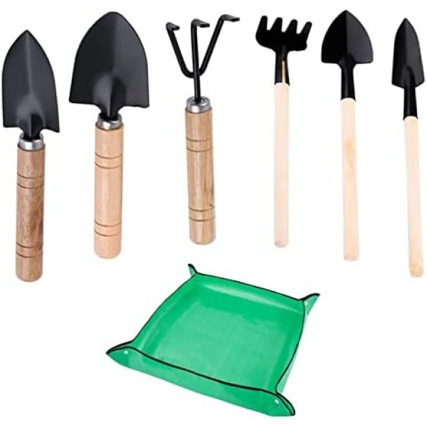 6 Pcs Gardening Tools Set, Mini Gardening Hand Tools Set,with 1 Pcs Gardening Plant Repotting Mat,Used for Seedlings, Bonsai, Succulents, Herbs, Terrariums and Planting